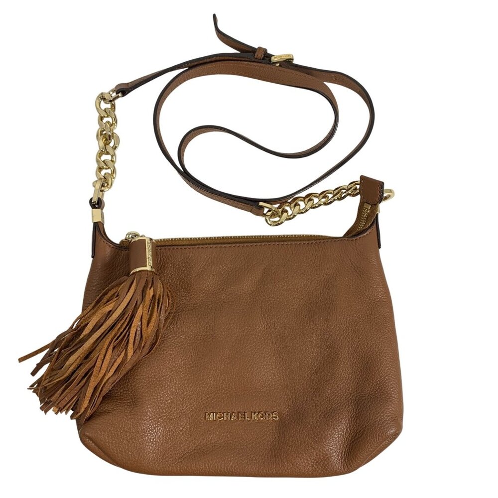 Michael Kors Weston Brown Leather Tassel Gold Chain Crossbody Bag